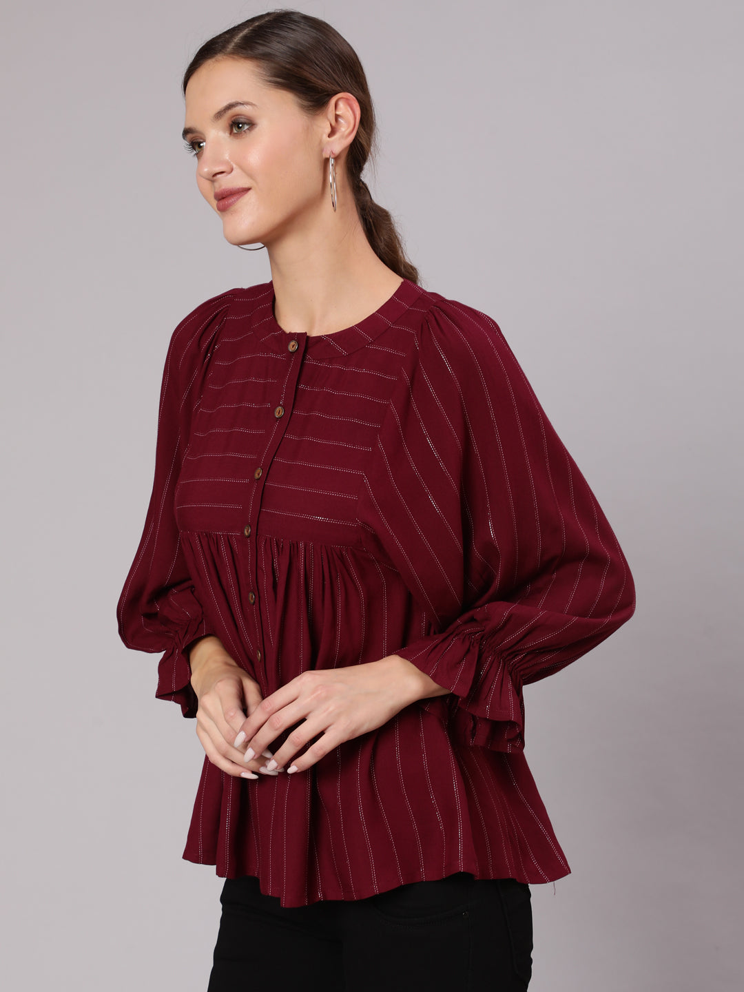 Maroon-Rayon-Lurex-Top-With-Gathered-Sleeves