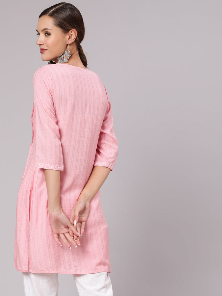 Pink-Pleated-Short-Kurta-With-Tasseles