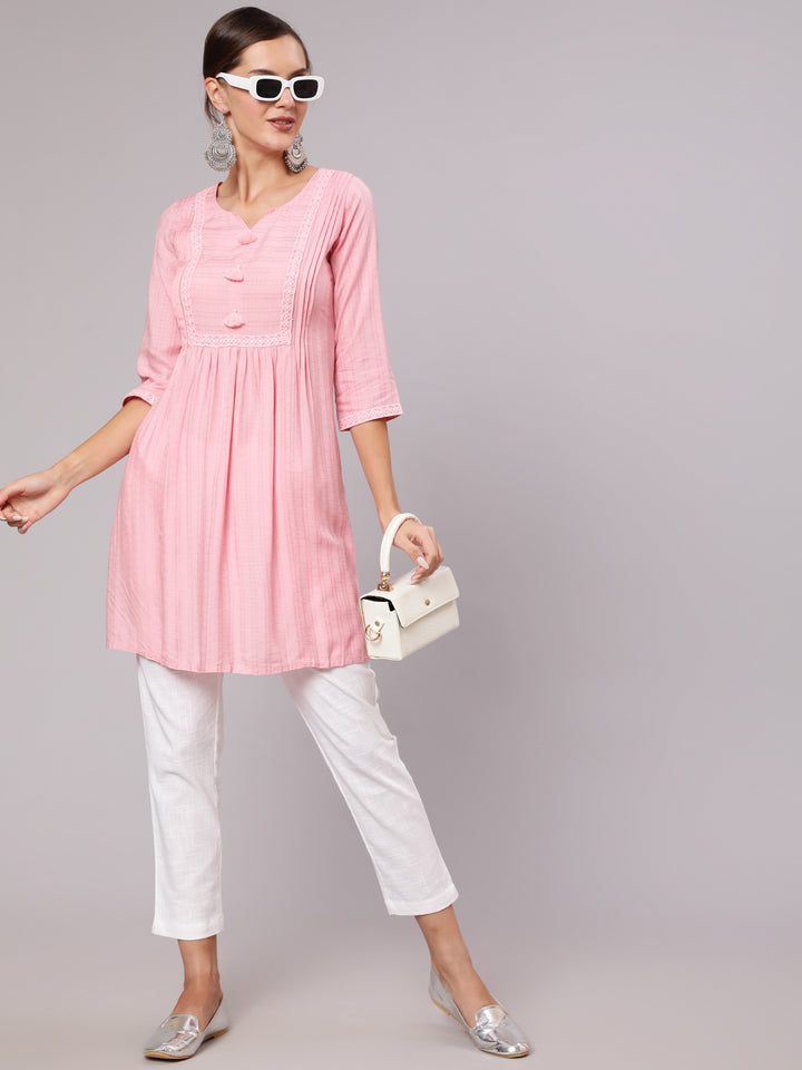 Pink-Pleated-Short-Kurta-With-Tasseles