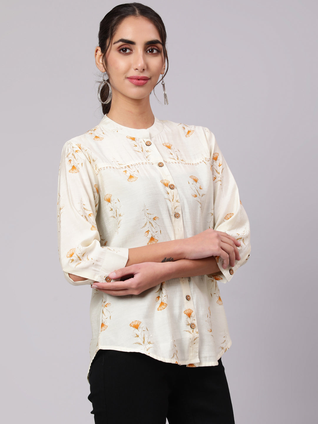 White Chanderi Ethnic Shirt with Mustard Foil Prints