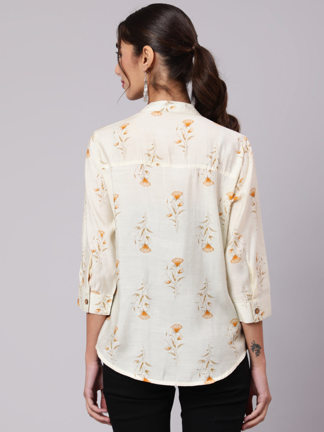 White Chanderi Ethnic Shirt with Mustard Foil Prints