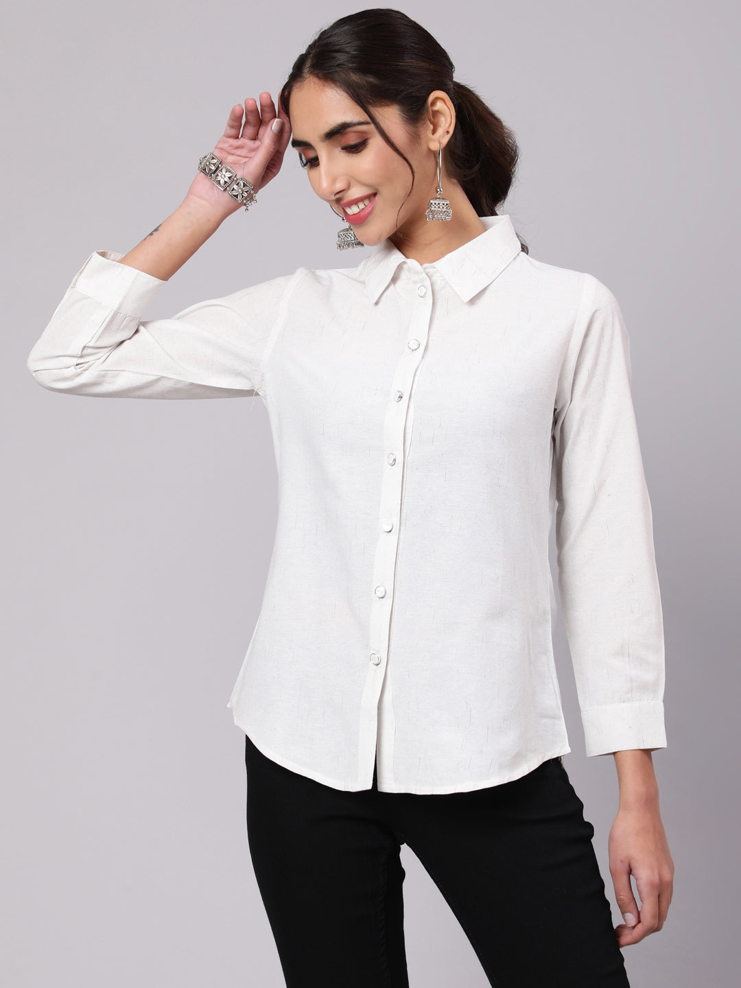 White Solid Cotton Shirt with Cuff Detail