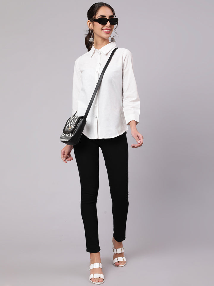 White Solid Cotton Shirt with Cuff Detail