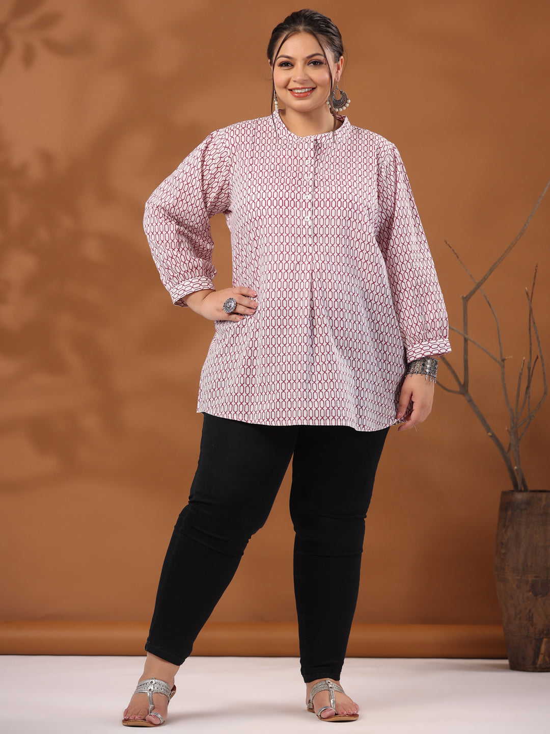 White & Magenta Printed Mandarin Tunic Top