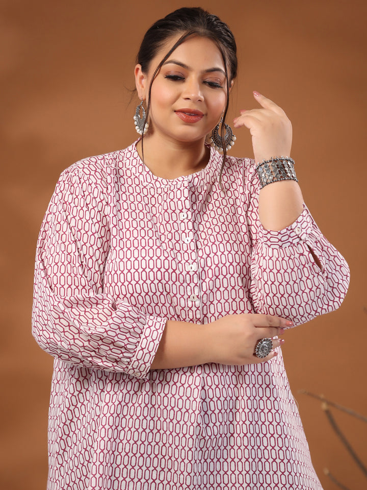 White & Magenta Printed Mandarin Tunic Top