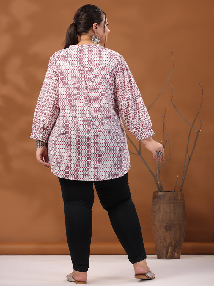 White & Magenta Printed Mandarin Tunic Top