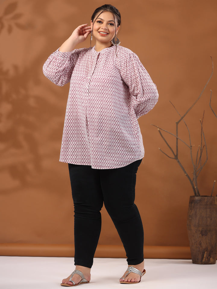 White & Magenta Printed Mandarin Tunic Top