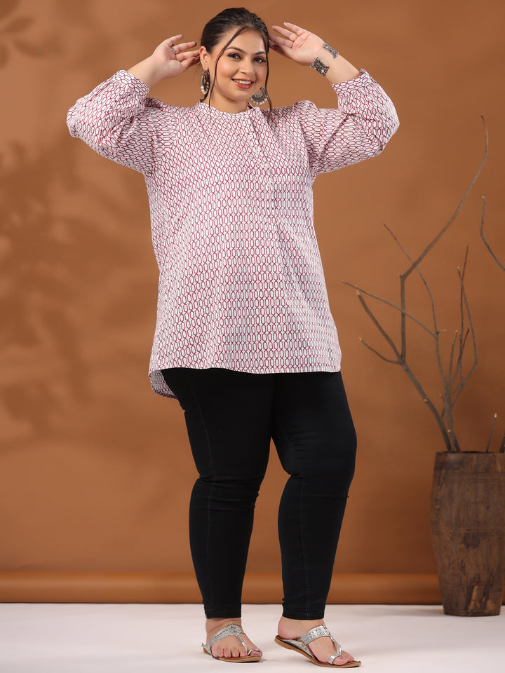 White & Magenta Printed Mandarin Tunic Top