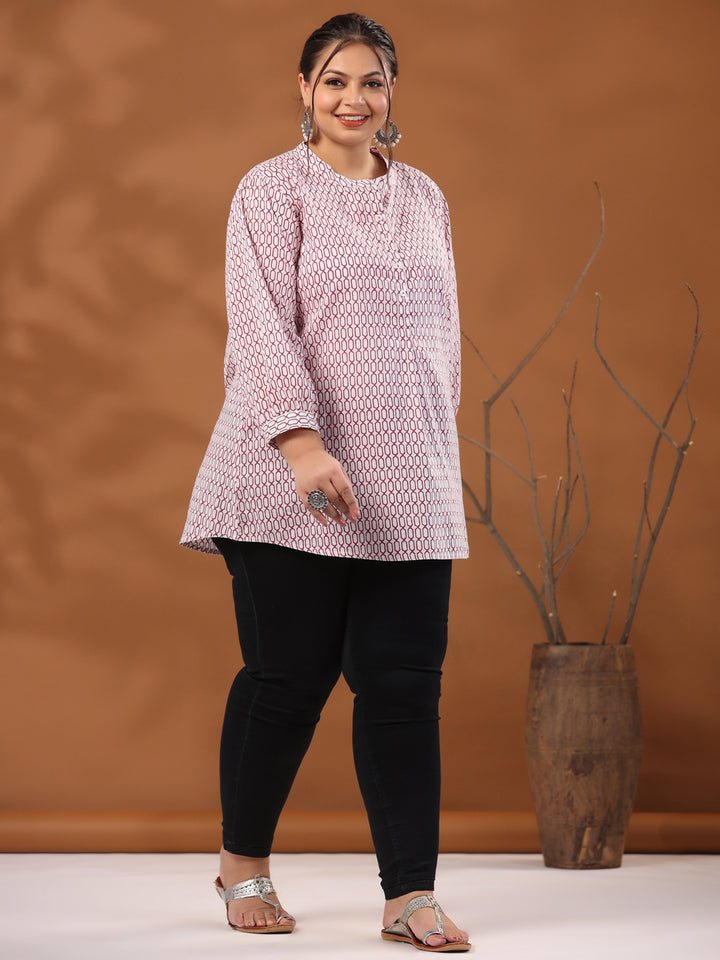White & Magenta Printed Mandarin Tunic Top