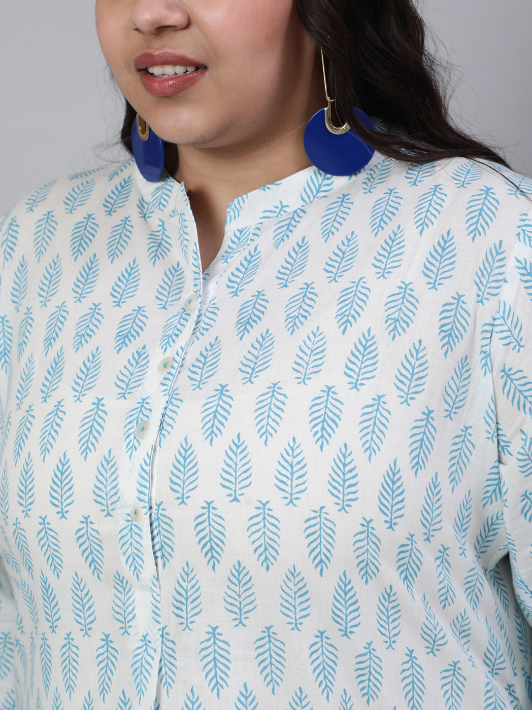 White & Turquoise Printed Mandarin Tunic Top