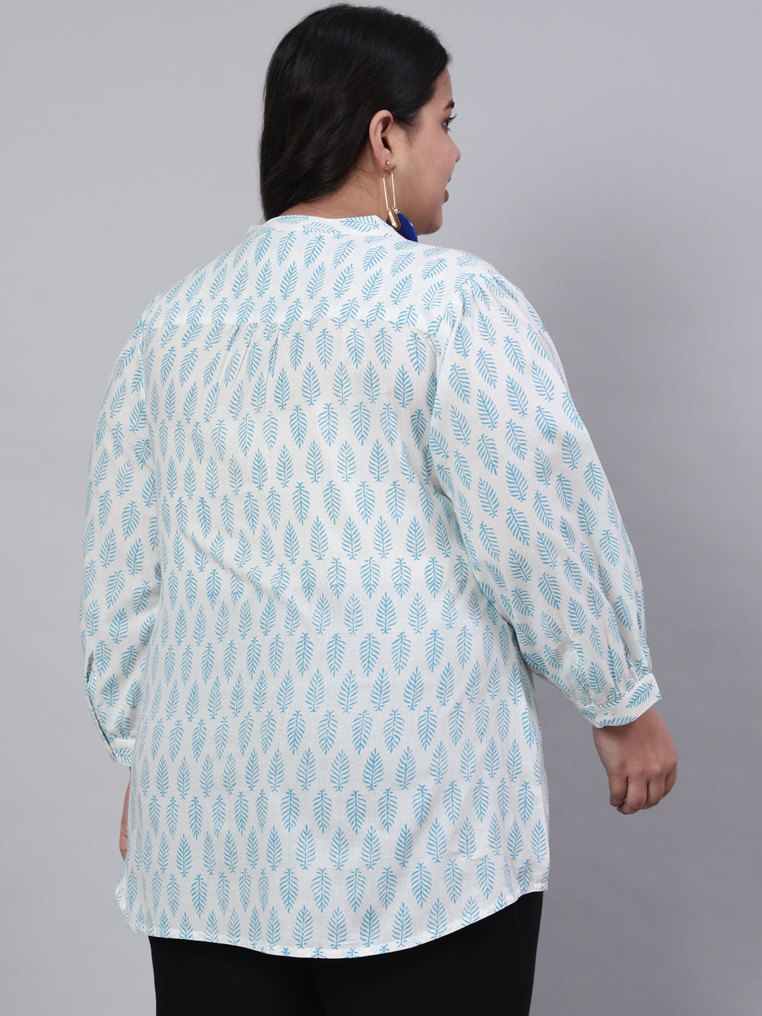 White & Turquoise Printed Mandarin Tunic Top