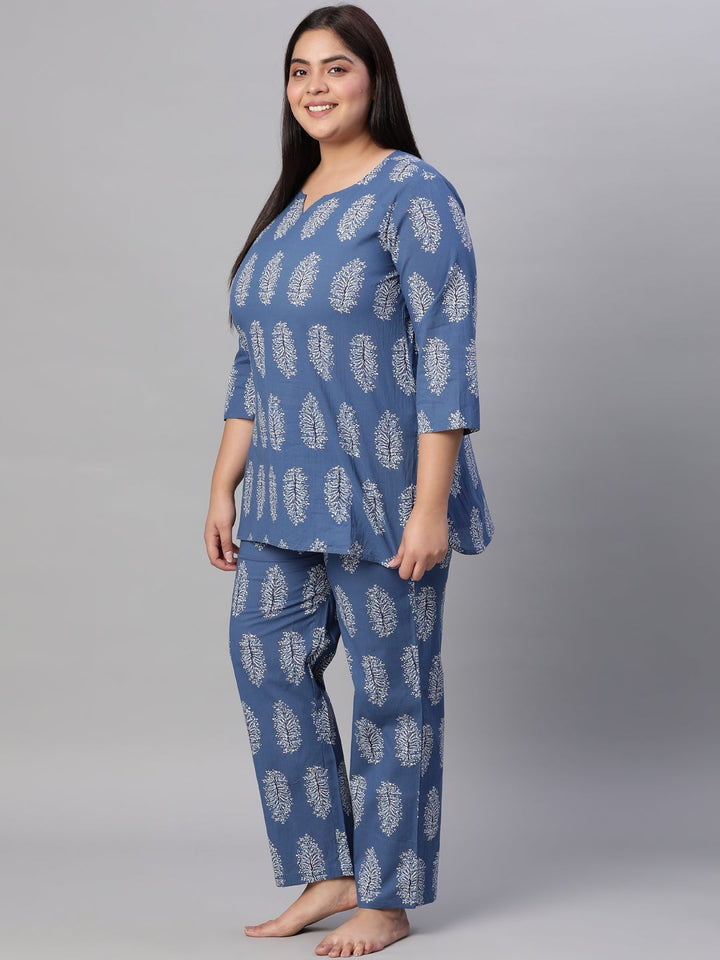 Blue Cotton Motif Print Short Kurta & Pyjamas