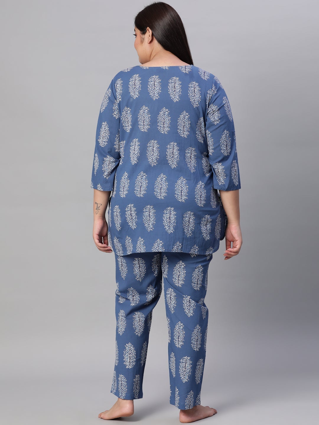 Blue Cotton Motif Print Short Kurta & Pyjamas