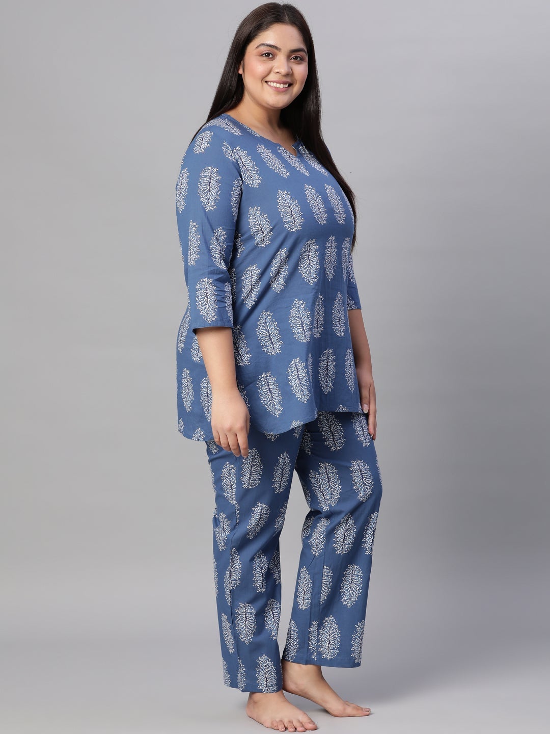 Blue Cotton Motif Print Short Kurta & Pyjamas
