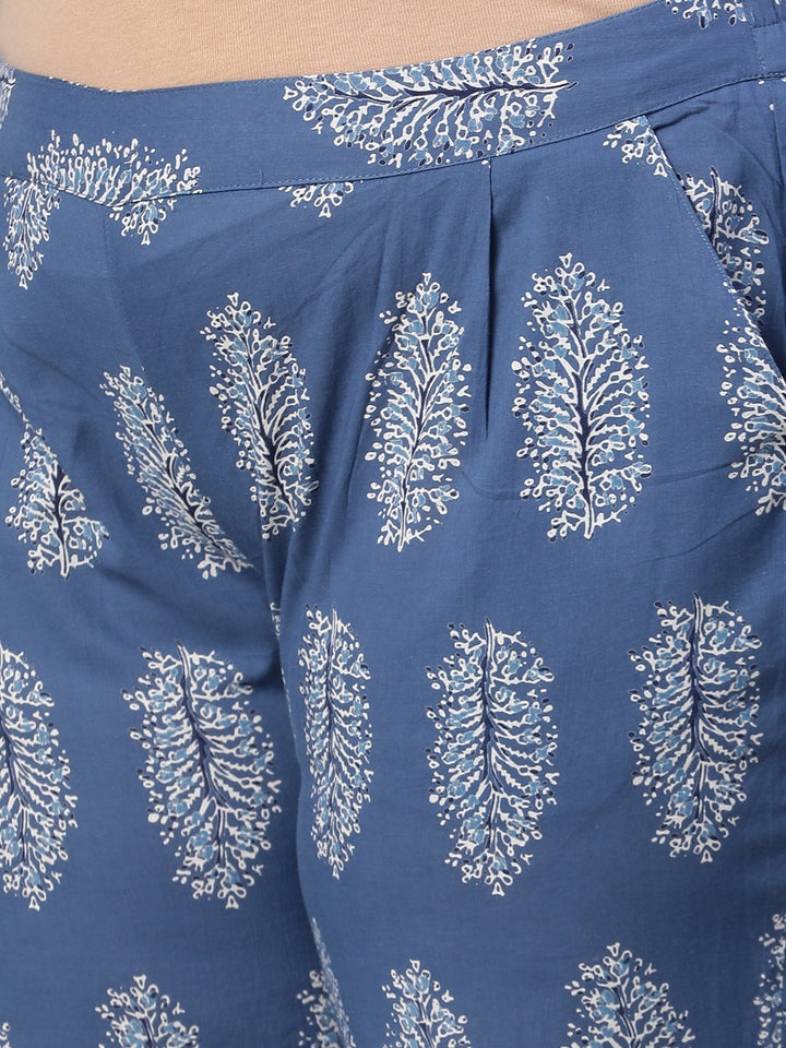 Blue Cotton Motif Print Short Kurta & Pyjamas