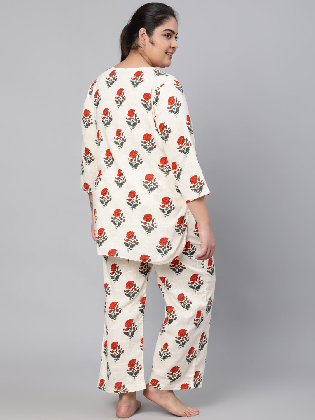 White-Floral-Print-Kurta-&-Pyjama-Sleepwear