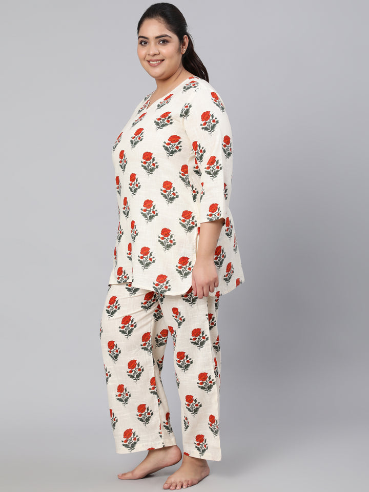 White-Floral-Print-Kurta-&-Pyjama-Sleepwear