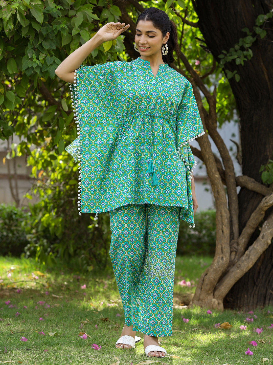 Green-Cotton-Kaftan-Top-With-Pants-Loungewear