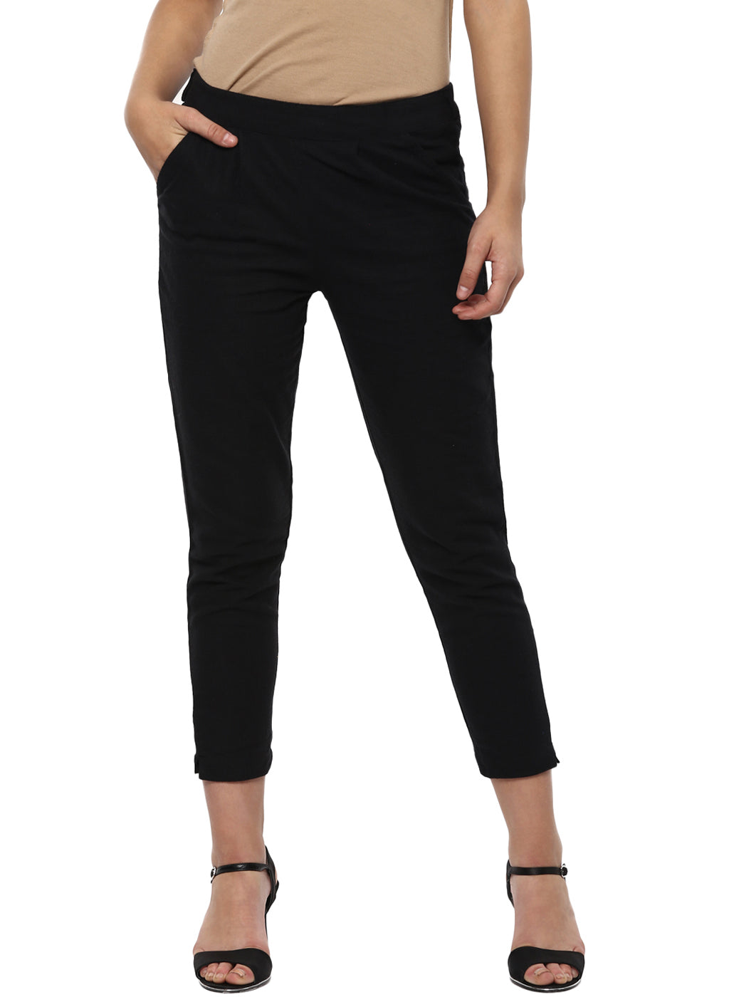 Solid Black Cotton Mid-Rise Cropped Trousers