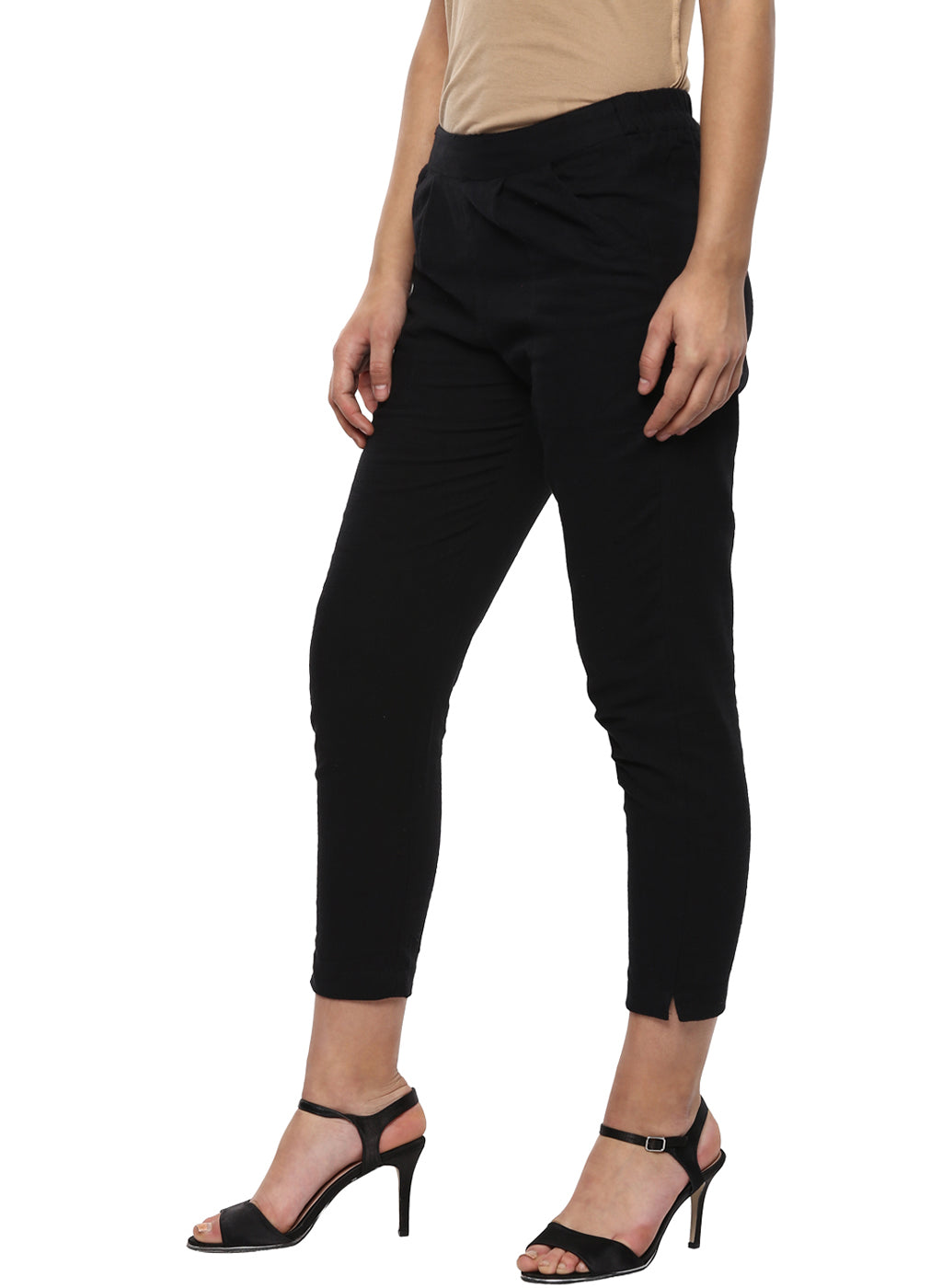 Solid Black Cotton Mid-Rise Cropped Trousers
