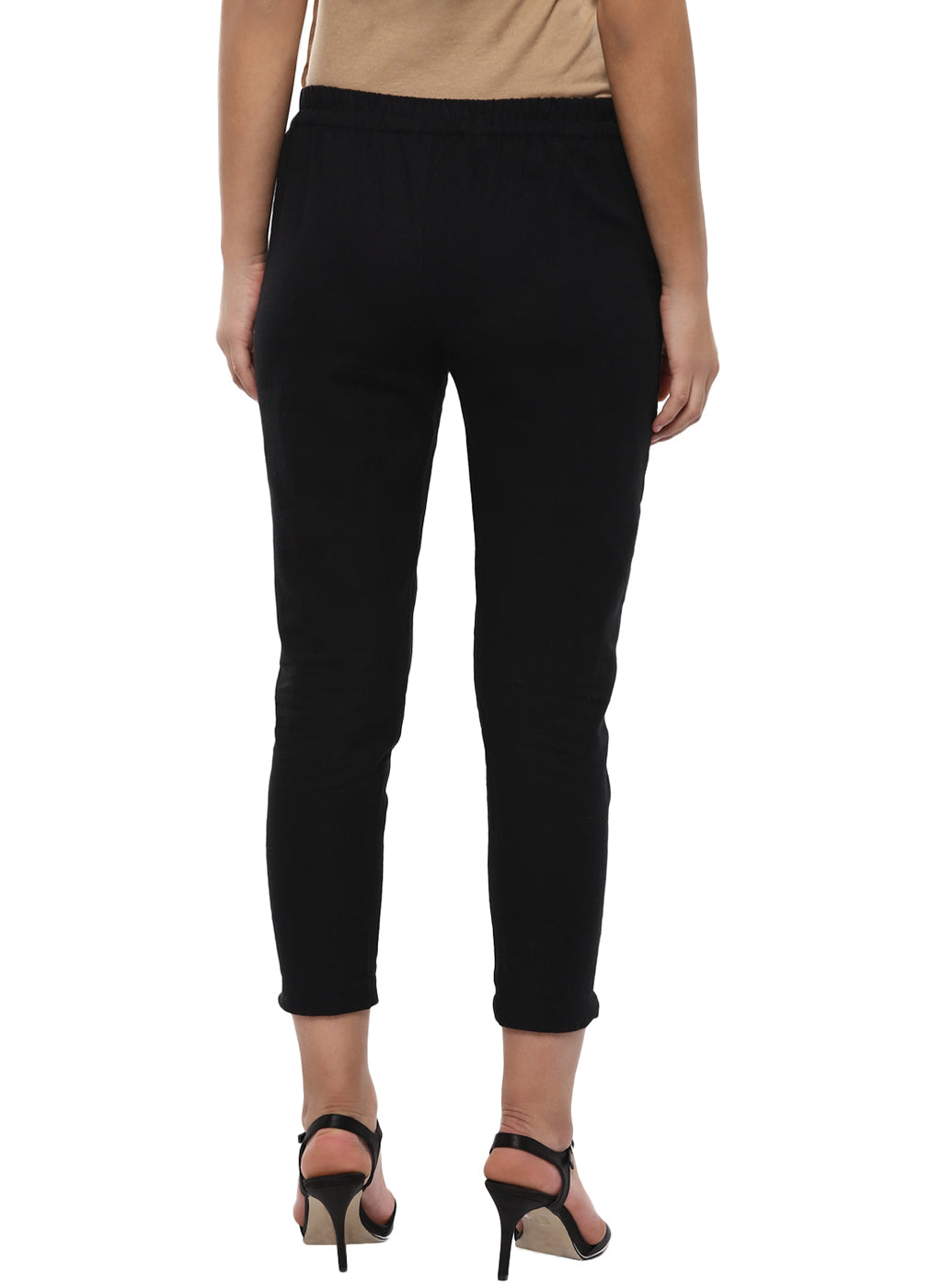 Solid Black Cotton Mid-Rise Cropped Trousers