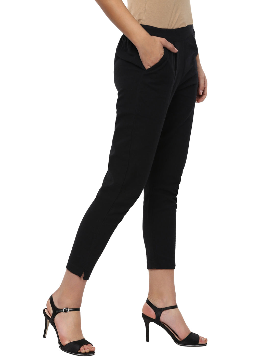 Solid Black Cotton Mid-Rise Cropped Trousers