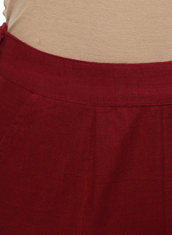 Maroon Solid Cotton Slub Regular Fit Trousers