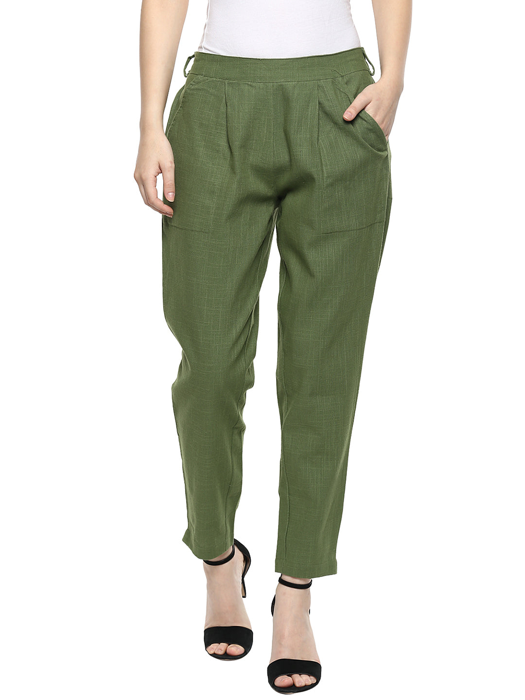 Olive Green Cotton Slub Straight Trousers