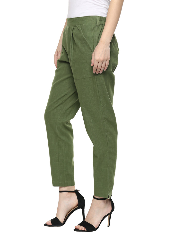 Olive Green Cotton Slub Straight Trousers