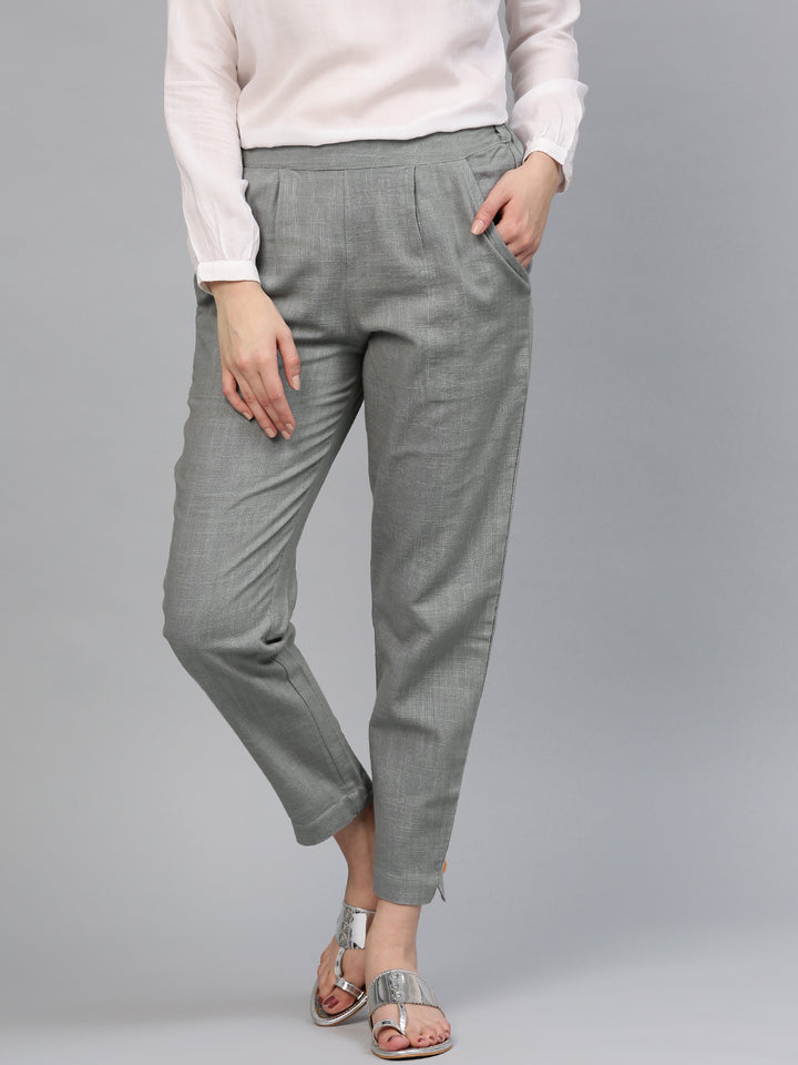 Ash Grey Solid Cotton Slub Casual Trousers