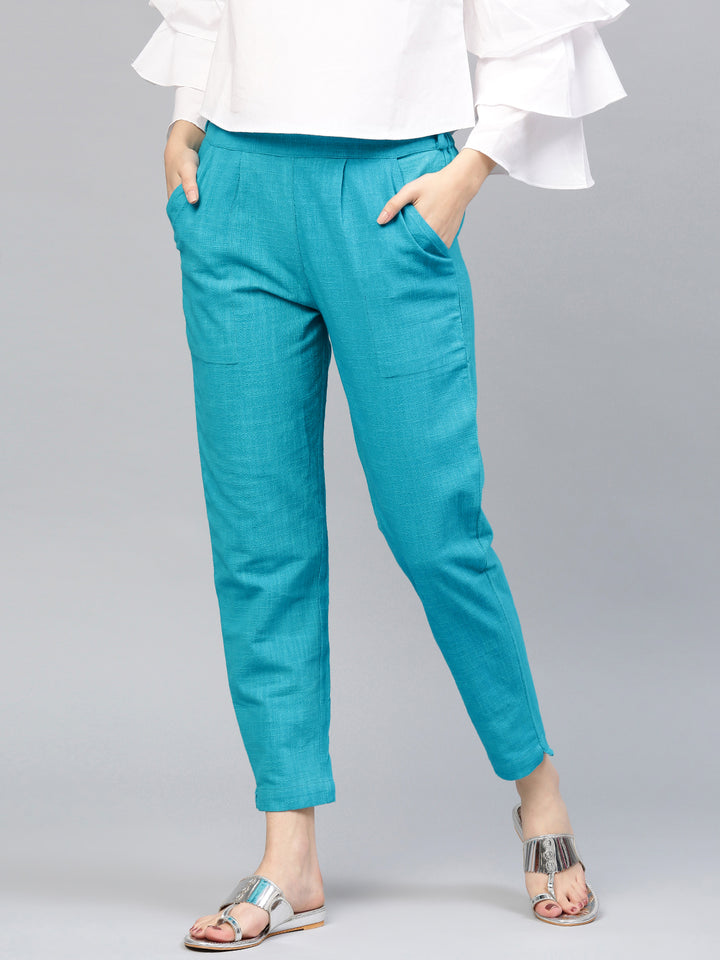 Turquoise Blue Cotton Slub Straight Trousers