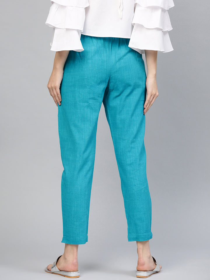 Turquoise Blue Cotton Slub Straight Trousers