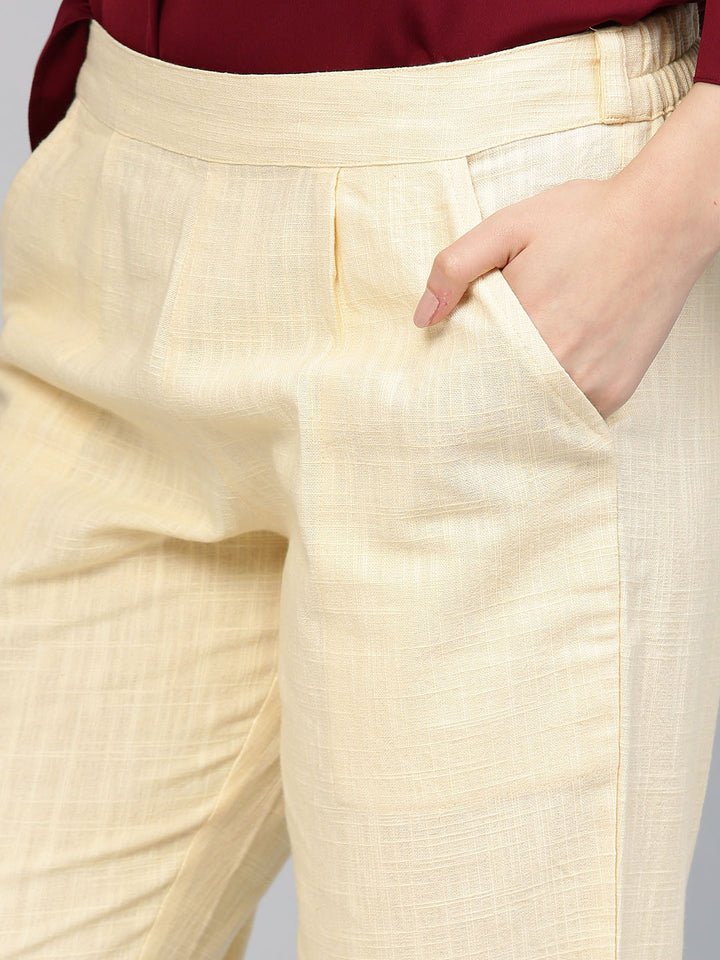 Linen Beige Cotton Slub Straight Trousers