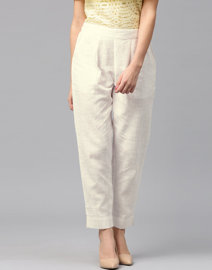 Off White Cotton Mid-Rise Cropped Trousers