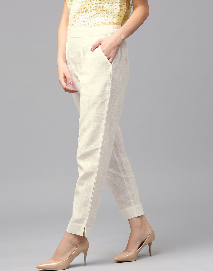 Off White Cotton Mid-Rise Cropped Trousers