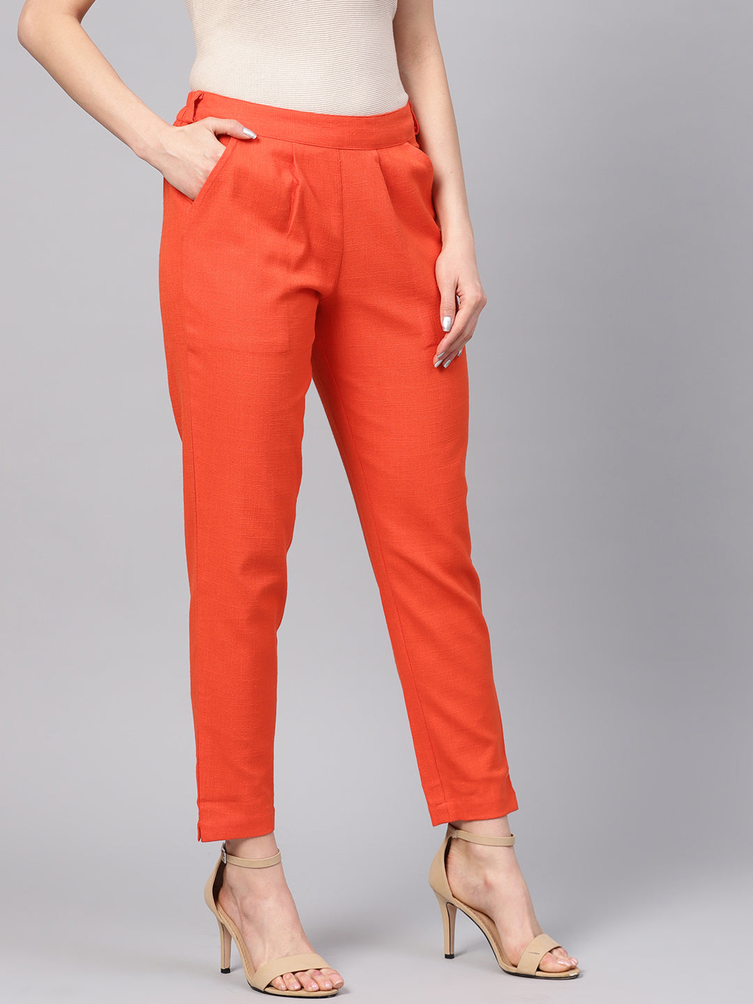 Sunset Orange Cotton Slub Straight Trousers