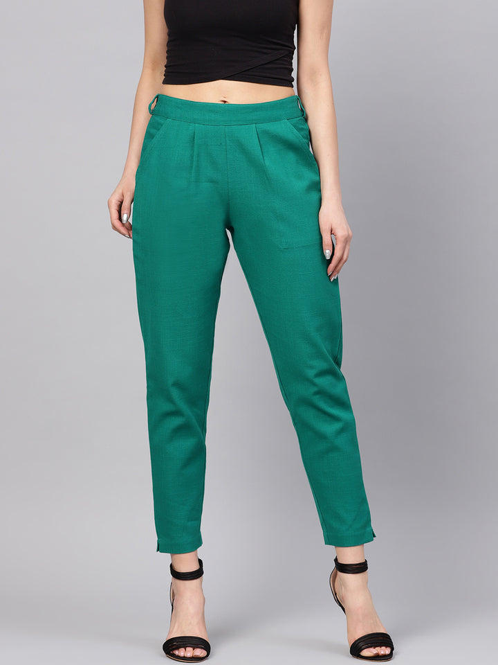 Persian Green Cotton Slub Straight Trousers