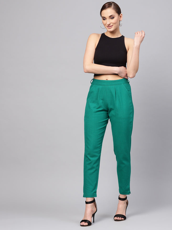 Persian Green Cotton Slub Straight Trousers