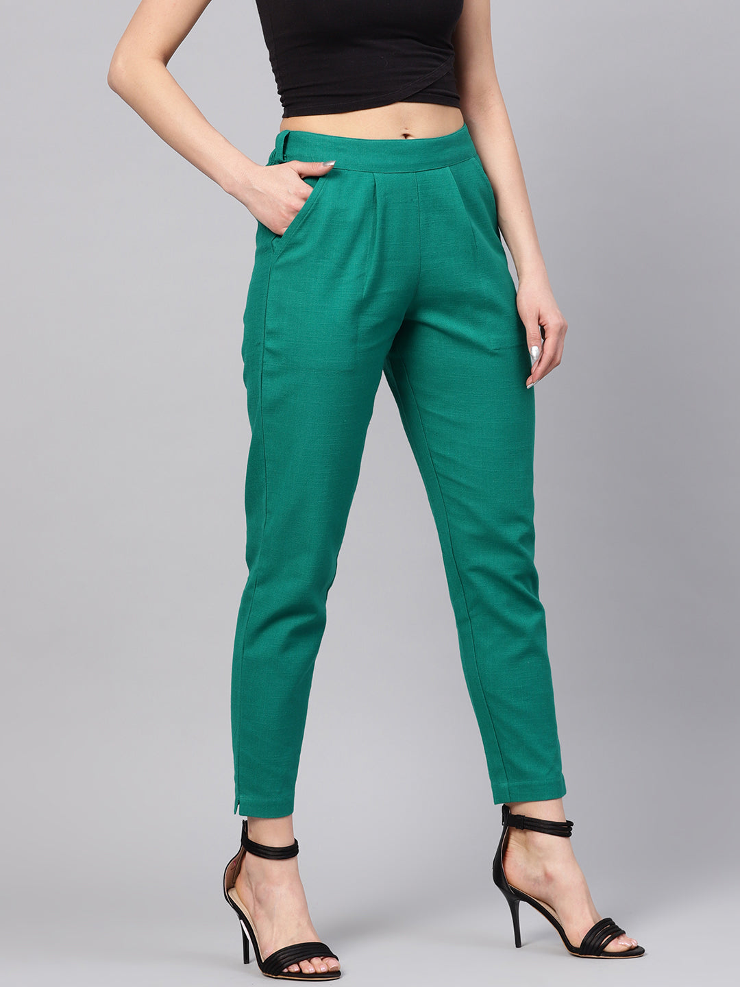 Persian Green Cotton Slub Straight Trousers