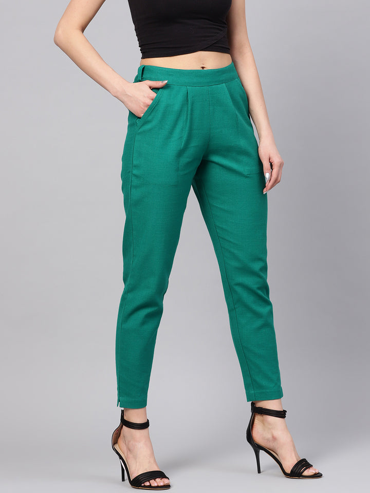 Persian Green Cotton Slub Straight Trousers