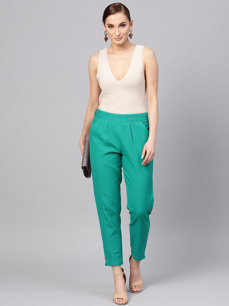 Aqua Green Cotton Slub Straight Trousers