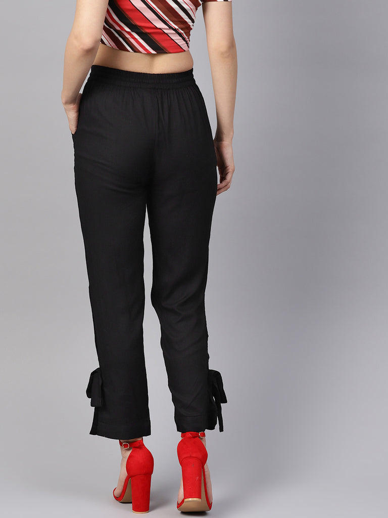 Black Rayon Solid Regular Fit Fancy Trousers