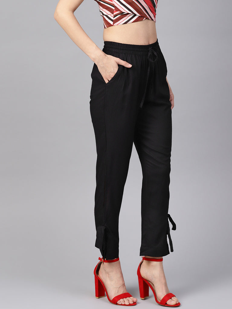 Black Rayon Solid Regular Fit Fancy Trousers