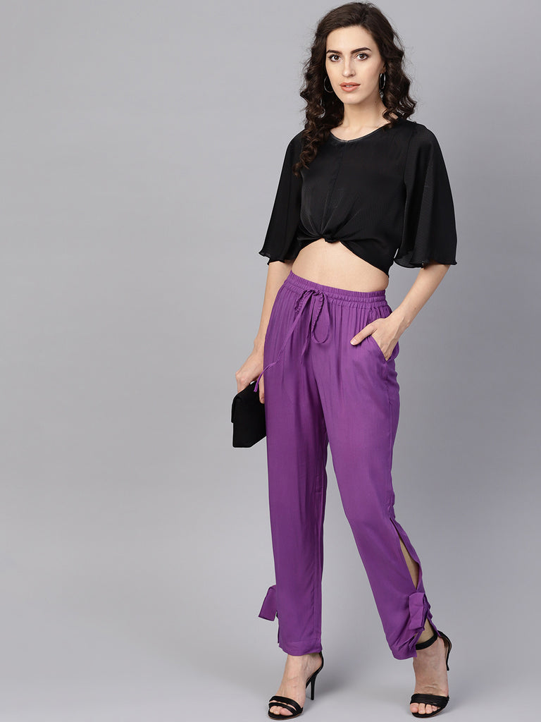 Purple Rayon Solid Regular Fit Fancy Trousers