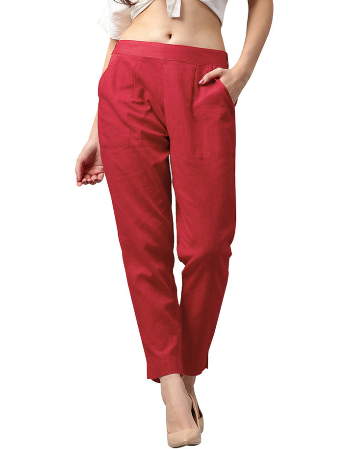 Brick Red Solid Cotton Slub Regular Trousers