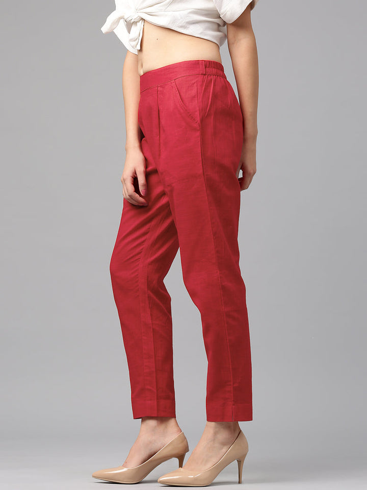 Brick Red Solid Cotton Slub Regular Trousers