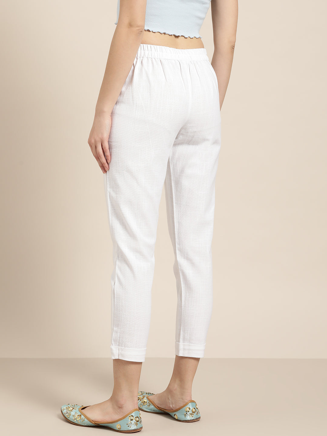Solid White Cotton Slub Regular Fit Trousers