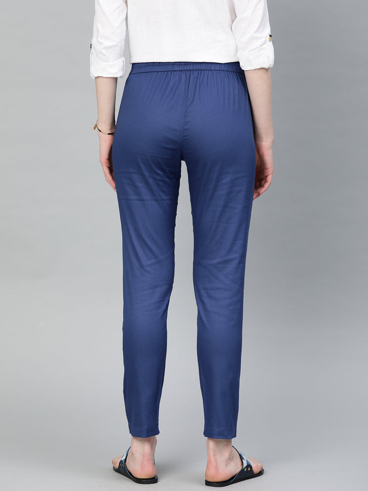 Persian Blue Solid Cotton Lycra Pleated Pants