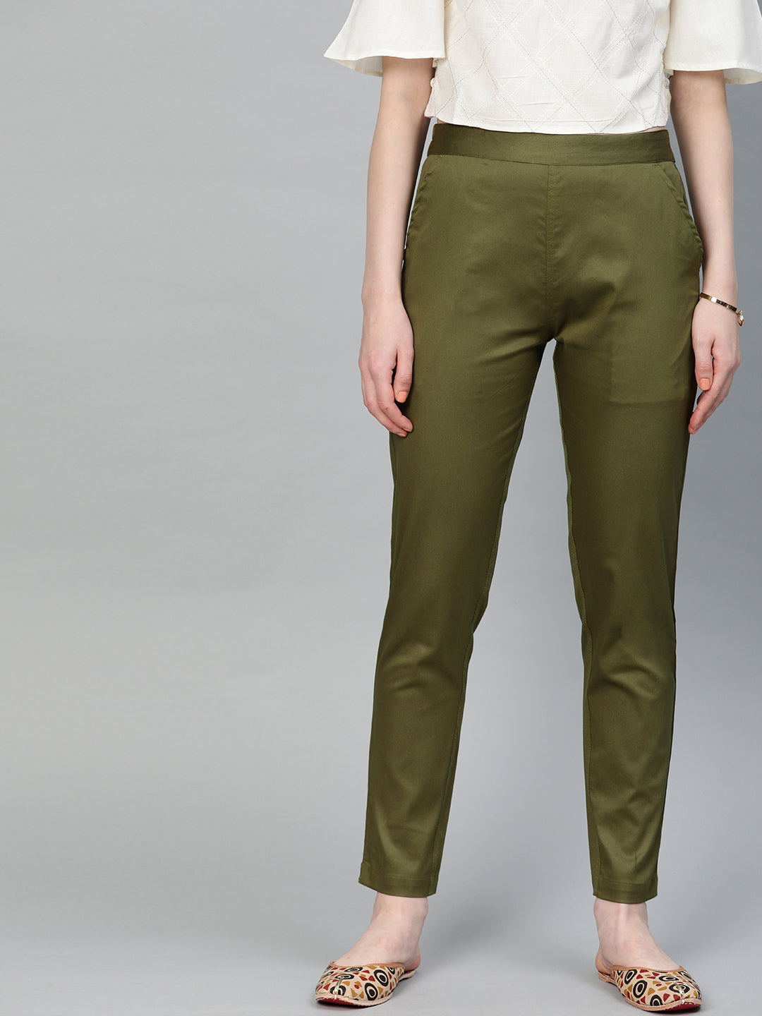 Olive Green Solid Cotton Lycra Pleated Pants
