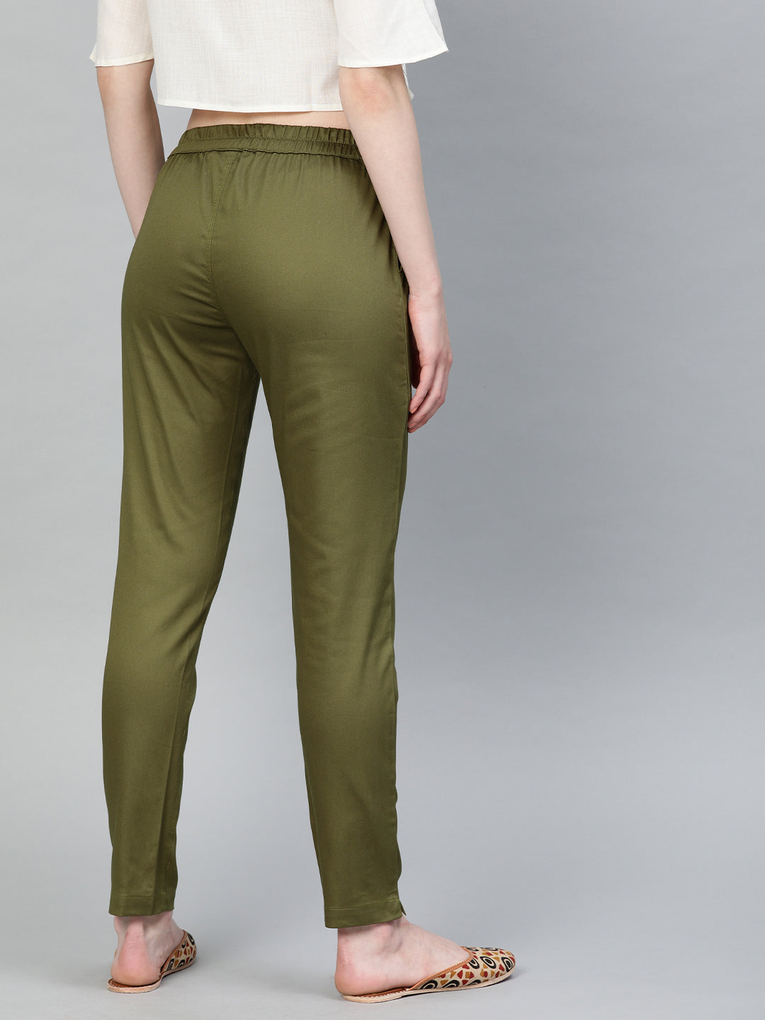 Olive Green Solid Cotton Lycra Pleated Pants